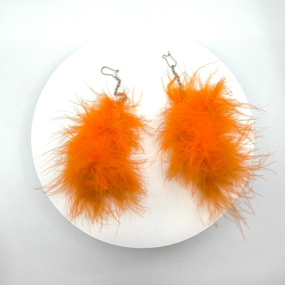 Bright Orange Feather Dangle Earrings Boho Festival Statement Costume Gift Chic